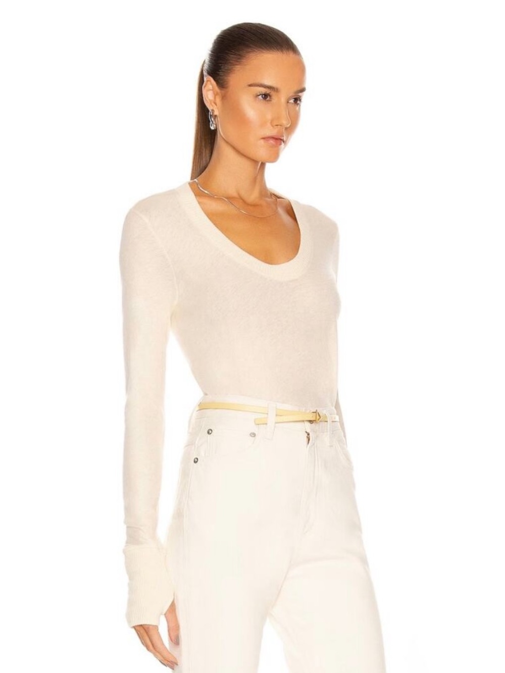 ENZA COSTA Cashmere Easy Cuffed U Neck Long Sleeve Top Women Small Cream Stretch